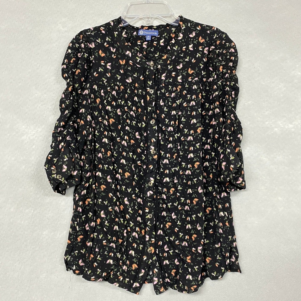 Democracy Womens M Top Black Butterfly Print Boho Smocked 3/4 Sleeve Button Up
